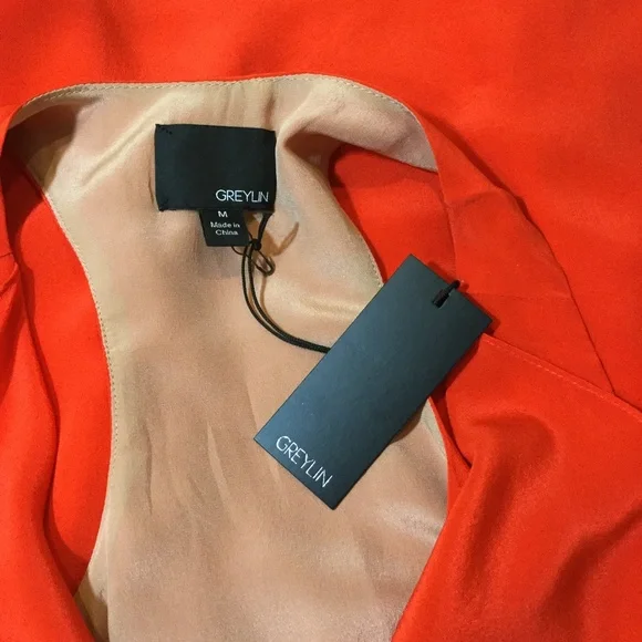 Greylin Red Orange Ruffle Front Silk Dress - Picture 5 of 5